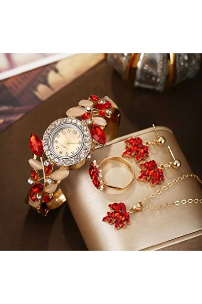 beyna aksesuar Gold Plated Crystal Stone Necklace Earrings Ring Watch Gift Set for Lover, Mother