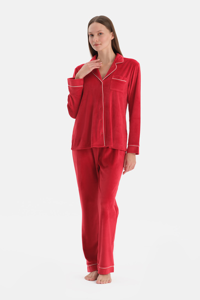 Dagi Red Piped Detail Velvet Shirt Pants Pajama Set