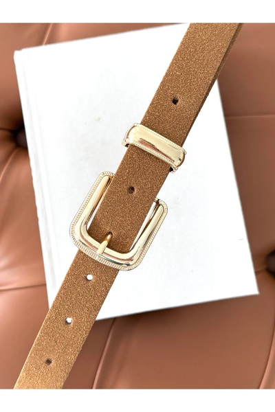 coaksco Women's Suede Gold Square Buckle Tan Belt