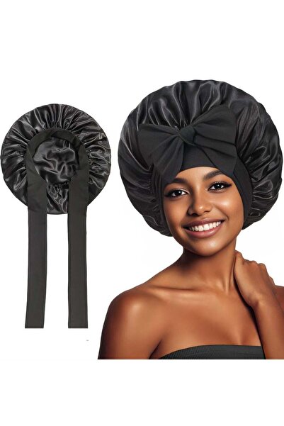 Generic Satin Hair Bonnet for Sleeping, Women Curly Long Hairs Adjustable Night Round Cap with Tie Band