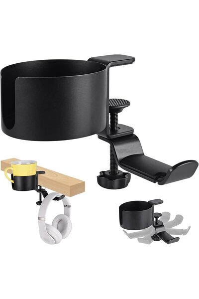 fulina Under Desk Headphone Hanger, Desk Cup Holder, Rotating Headphone Holder Desk Storage for Cup, Phone