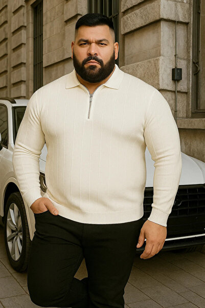 Maccali Men's Plus Size Winter Loose White Polo Neck Sweater