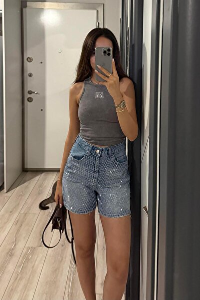 Nazliye İndigo Mavi Taşlı Jean Şort
