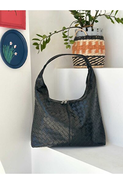 Zeynep Keskin Design Leather Women's Shoulder Bag with Knitted Pattern, Casual Look and Large Volume