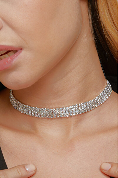 Jewelliss Kristal 4 Sıra Taşlı Kolye Modeli Kadın Zirkon Gümüş Choker Tasma G...
