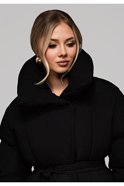 OMBRE Long Quilted Women's Jacket with Belt OW-JALJ-0104 v1 - Black