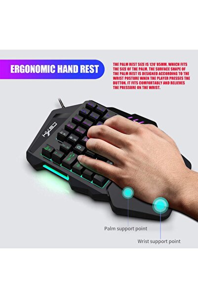 HXSJ لوحة مفاتيح ألعاب J50 بيد واحدة، 35 مفتاحًا، إضاءة خلفية LED، ماوس ألعاب سلكي