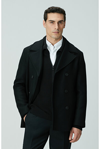 Network Siyah Kruvaze Yaka Diyagonal Kaban