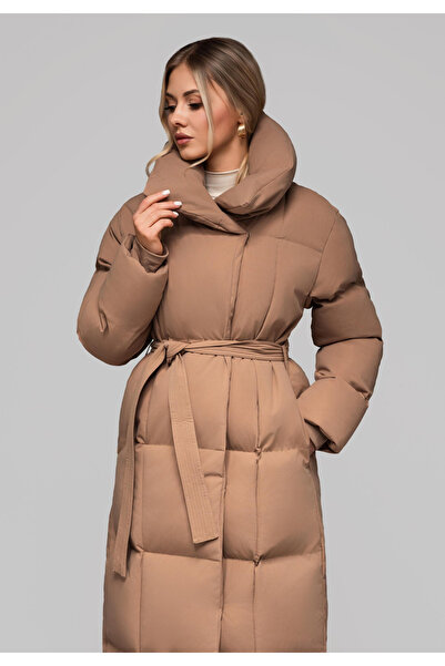 OMBRE Long quilted women's coat with belt OW-JALJ-0104 - brown