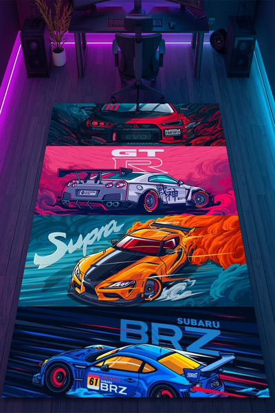 HalıOnline Araba Desenli Kaymaz Taban Makinede Yıkanabilir Gaming Oyuncu Gamer Genç Odası Halısı