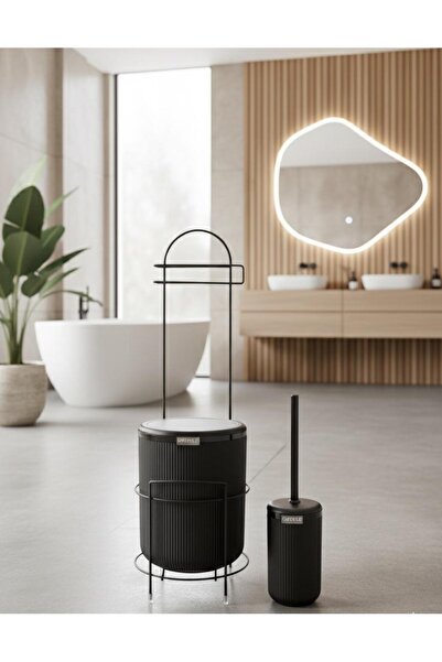 Okyanus Home Siyah Stantlı Wc Kağıtlık LineaYuvarlak Çöp Kovası ve WC Fırça Seti