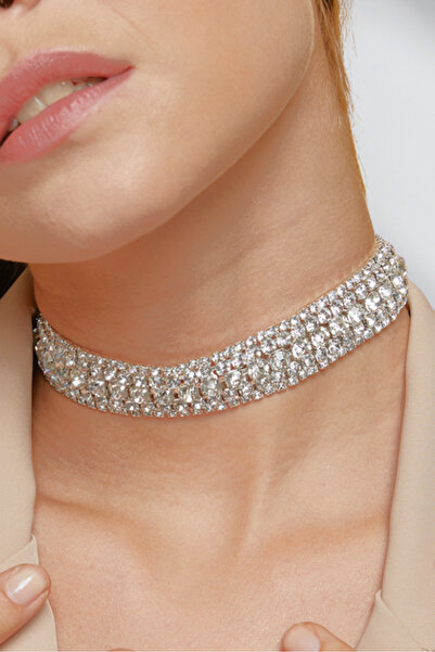 Jewelliss Kristal 5 Sıra Taşlı Kolye Modeli Kadın Zirkon Gümüş Choker Tasma G...
