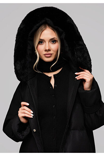OMBRE Long Women's Jacket with Fur Trim OW-JALJ-0107 v2 - black