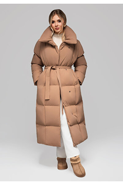 OMBRE Long quilted women's coat with belt OW-JALJ-0104 - brown