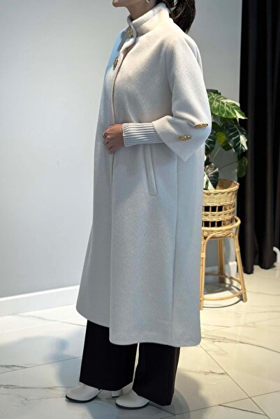 Lale Butik Collar and Sleeve Brooch Detail Coat 2586 Ecru