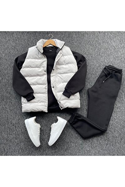 Pablomoda Inflatable Vest and Oversize 3 Thread Crew Neck Thick Fleece Bottom Top Suit, Set of 3