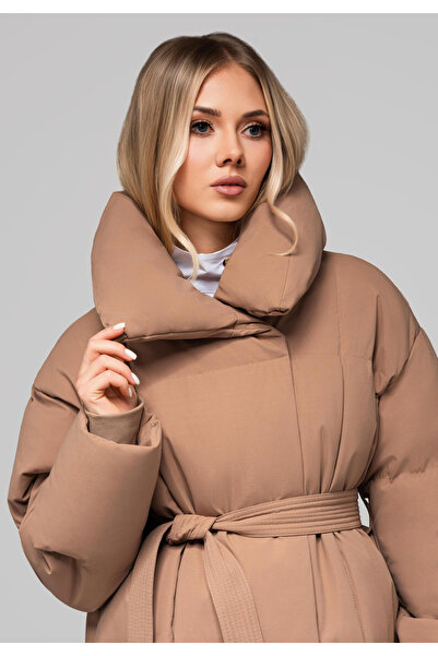 OMBRE Padded Women's Jacket with Belt and Stand Collar OW-JAHP-0106 - Brown