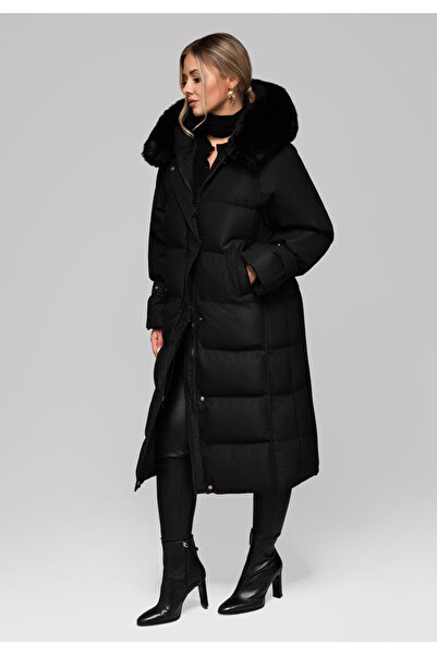 OMBRE Long Women's Jacket with Fur Trim OW-JALJ-0107 v2 - black