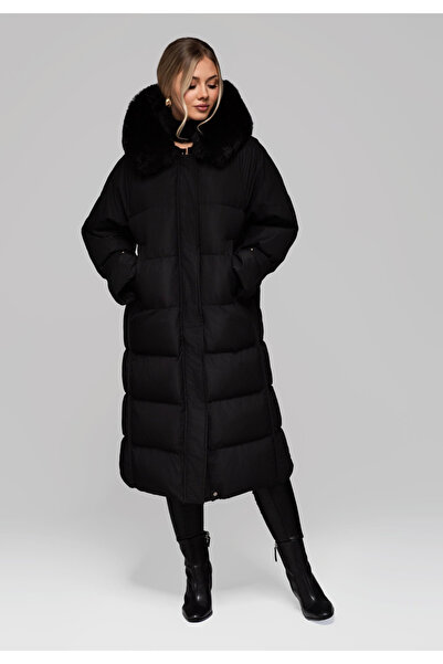 OMBRE Long Women's Jacket with Fur Trim OW-JALJ-0107 v2 - black