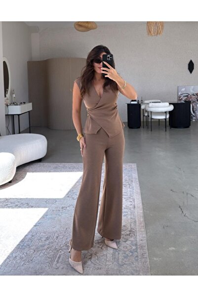 Mars Kahve Zr Model Kruvaze Bluz - Palazzo Pantolon Takım
