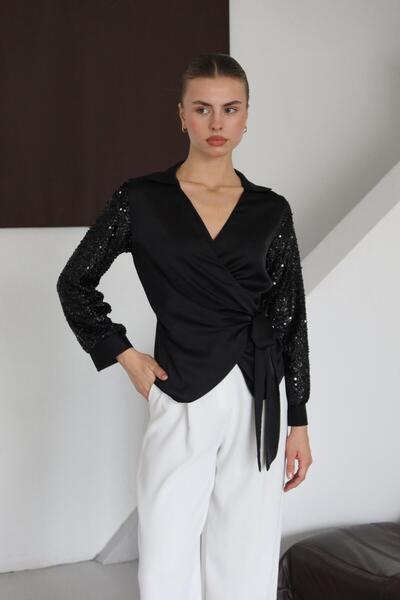 moda src KOL PAYET DETAYLI SATEN BAĞLAMALI KADIN BLUZ