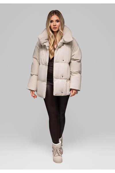 OMBRE Beige Women's Quilted Jacket with Belt and Stand Collar OW-JAHP-0106 - beige