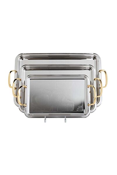 LALOZA طقم صواني تقديم استيل مع ذهبي 3 قطع