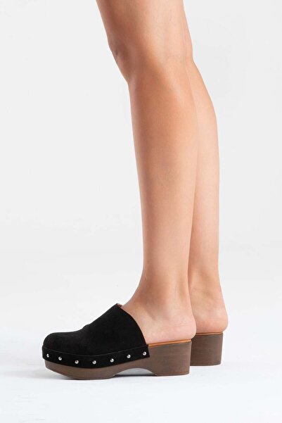 Zeynep Sıradağlı Γυναικεία δερμάτινα τσόκαρα σανδάλια Serviola Μαύρο σουέτ