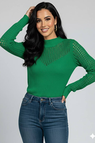 oshebu Pulover tricotat verde pentru femei guler ridicat