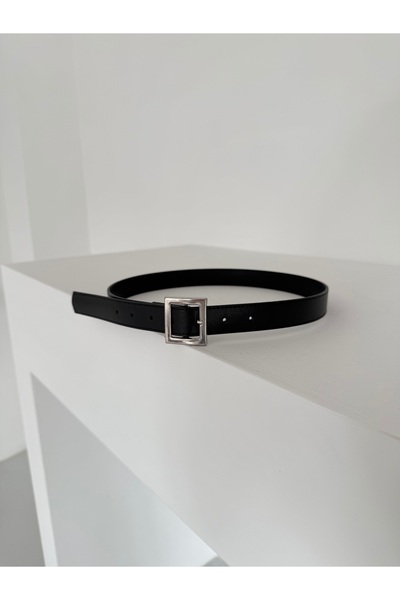 coaksco Women's Stitching Detailed Silver Square Buckle Black Belt