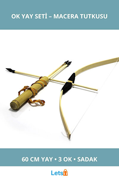 Letsii Ahşap Kaliteli Ok Yay Seti 3 Adet Ok ve Sadak ile Dekoratif Hediye