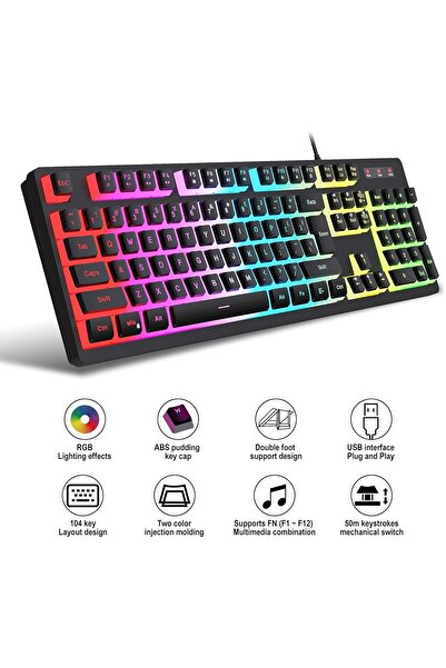 HXSJ 104-Key Wired Gaming Keyboard – RGB Backlit Membrane Keyboard