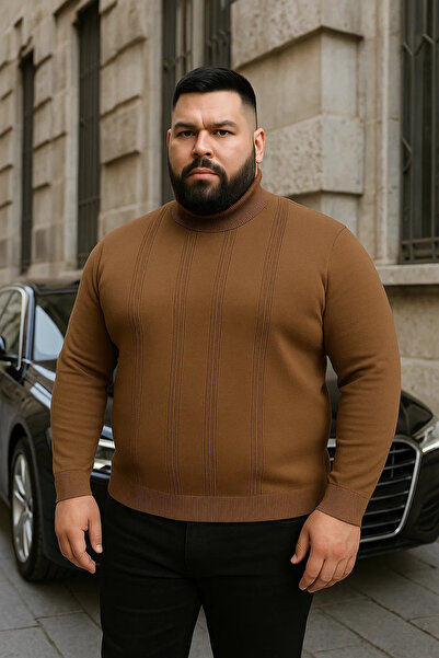 Maccali Men's Plus Size Striped Camel Turtleneck Knit Sweater