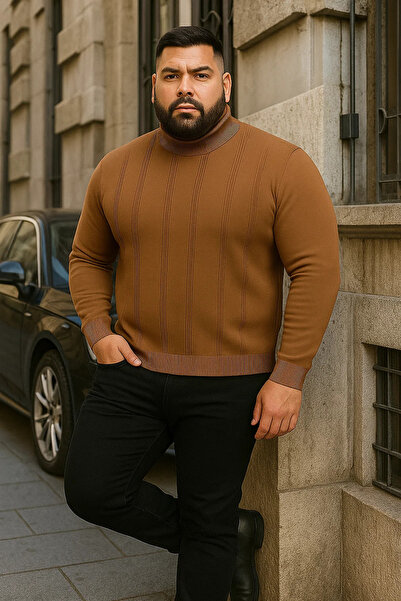 Maccali Ανδρικό πλεκτό πουλόβερ με ρίγες καμηλό χρώμα με ψηλό λαιμό