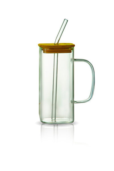 Store Bambu Kapaklı Renkli Pipetli Borosilikat Cam Bardak