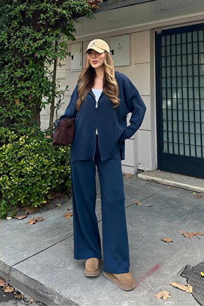 Laluvia Navy Blue Zippered Hooded Knitwear Set - 0511