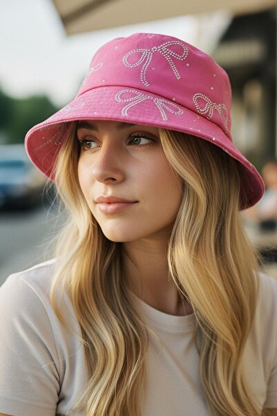 TAKIŞTIR Pink Color Ribbon Figured Stone Detailed Design Hat