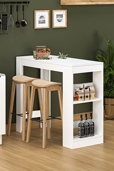 Fly Mobilya Bery Beyaz Bar Masası, Mutfak Adası, Çok Amaçlı Masa