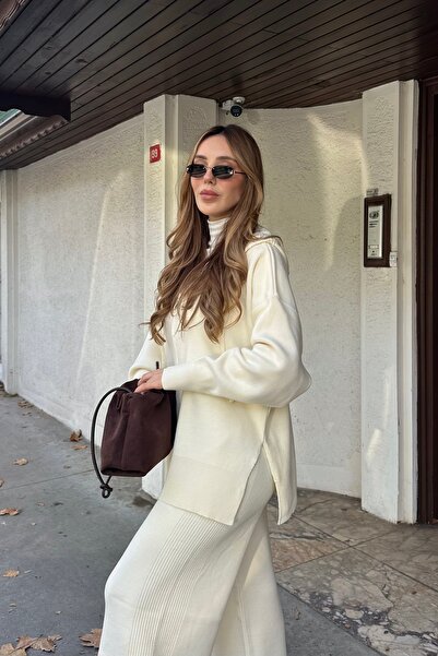 Laluvia Cream Zippered Hooded Knitwear Set - 0511