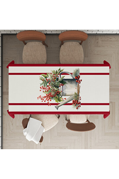 Evmila Christmas Themed Red Line Patterned Digital Printed Tablecloth