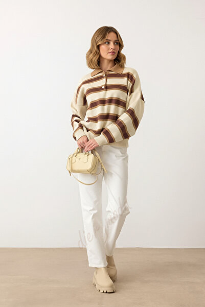 Dier Moda Pulover tricotat pentru femei cu guler polo cu nasturi cu dungi ecru, pulover pentru femei Fmoda2280