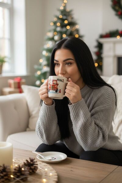 BaoBao Ceramic Christmas Mug Set with Saucer and Spoon, Santa Claus in Car Design, 300 ml