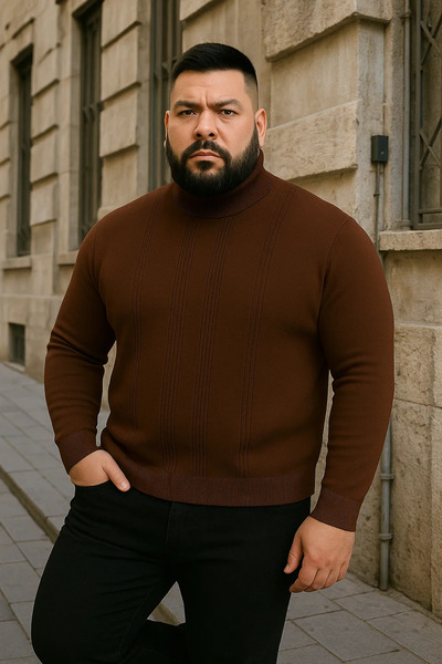 Maccali Ανδρικό πλεκτό πουλόβερ με ρίγες καφέ μεγάλου μεγέθους