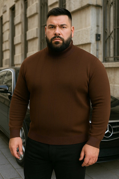 Maccali Men's Plus Size Striped Brown Turtleneck Knit Sweater