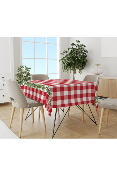 Evmila Christmas Themed Red Gingham Patterned Digital Printed Tablecloth