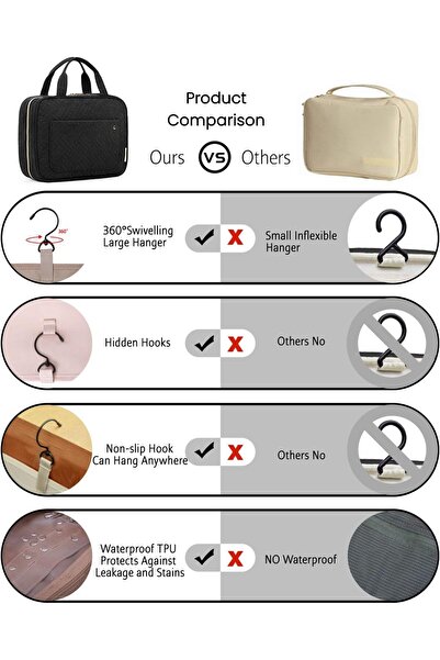 BAGSMART Hanging Travel Toiletry Bag, Waterproof, Full-Size Shampoo Container, Medium, Black