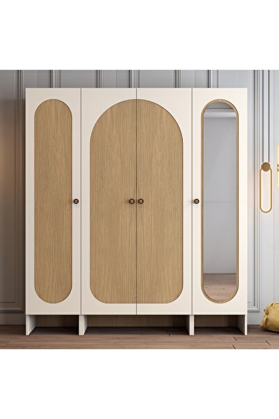 Variant Mobilya Münih 4 Kapılı Aynalı Gardrop (413) - Gölge Çizgili Meşe