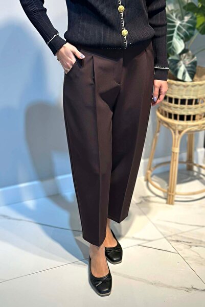 Sentez Elastic Back, Pleated Detail, Ankle Length Trousers 5567 Brown