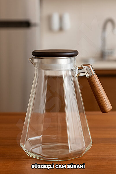 Destpak Süzgeçli Cam Sürahi - Akasaya Kapaklı ve Saplı - Detoks Sürahisi - Contalı Kapak