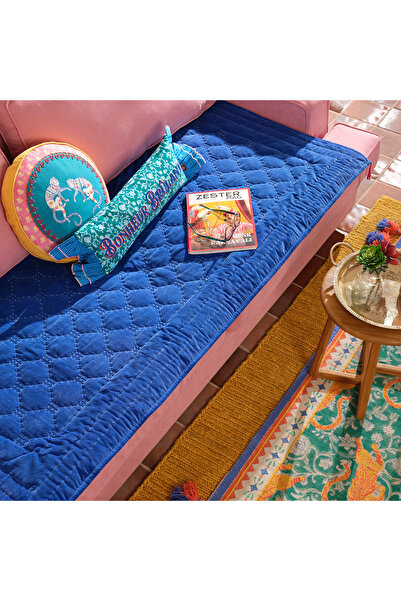 Zsa Zsa Zsu Okhla El İşi Püsküllü Kapitoneli Pamuk Kadife Koltuk Matı 85x185 Cm Mavi